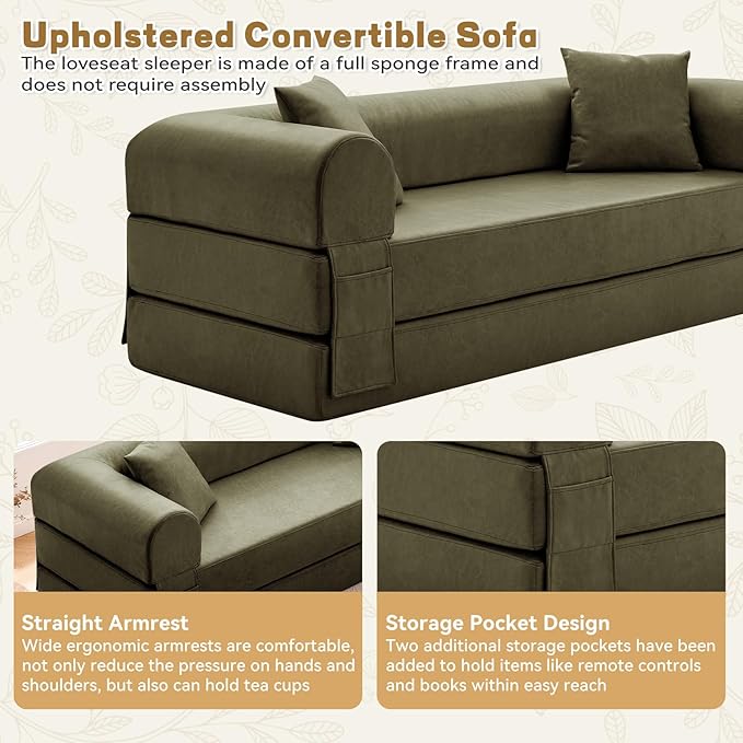 GJQ Convertible Folding Sofa Bed,78.5 Inch Faux Leather Futon Couch with Pillows & Storage Pocket,5-in-1 Queen Sleeper Sofa in a Box with Pull Out Bed,Boneless Couch for Living Room Bedroom,Green