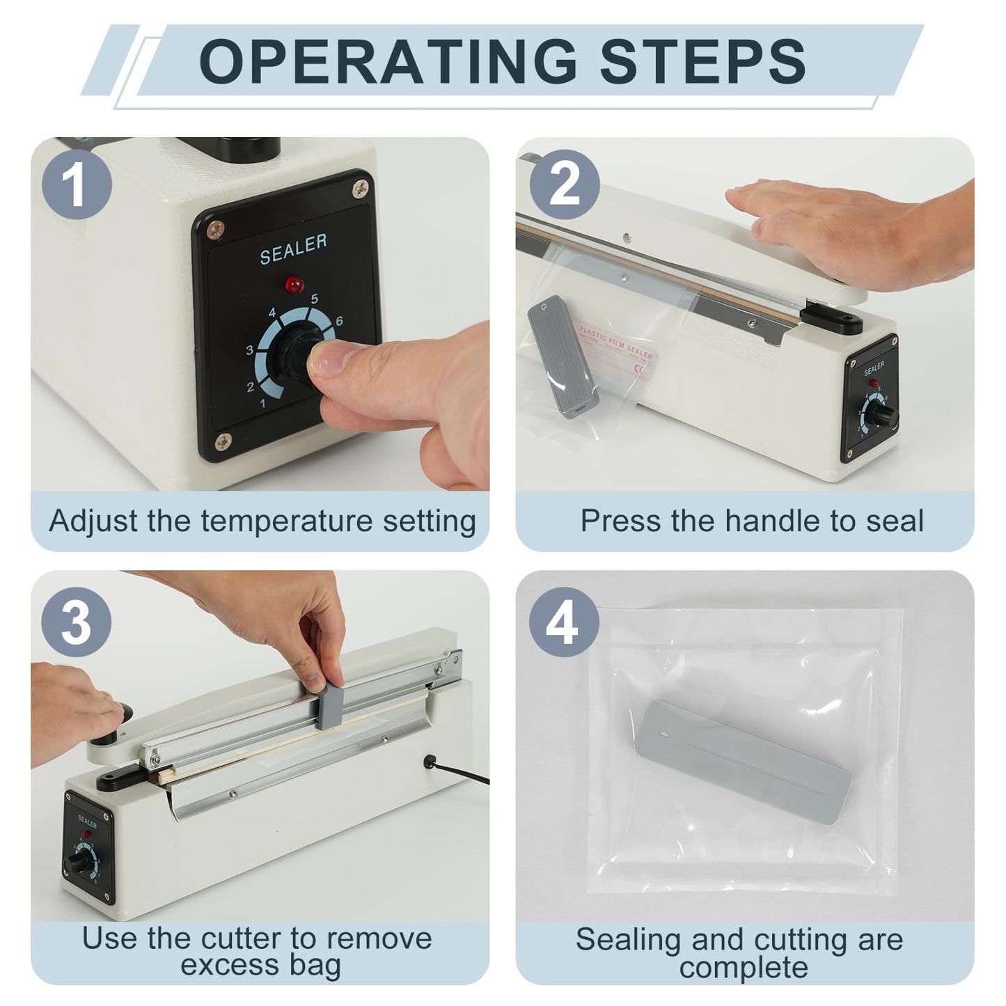 R-PACK Impulse Heat Sealer with Sealing Bar: Heavy-Duty Bag Sealer with Extra Cutting Blade (White, 16-Inch)