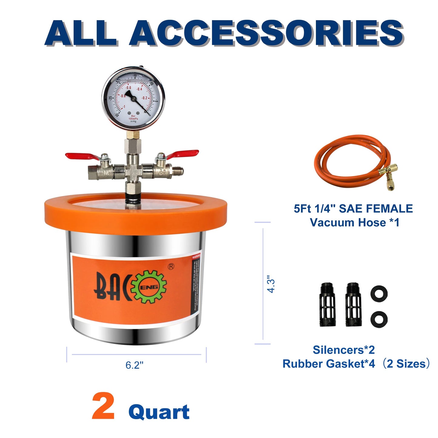 BACOENG Universal Vacuum Chamber Series: 2 Quart Stainless Steel Vacuum Chamber Kit, Vacuum Degassing Chamber for Resin, Silicone and Epoxies