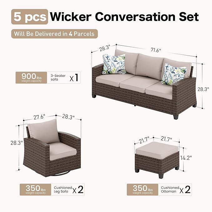 SUNSHINE VALLEY Swivel Glider Patio Furniture Set Outdoor Furniture Brown Wicker Rattan Patio Conversation Sets with Cushion Outside Sofa Set,5 Pieces 7 Seats,Beige