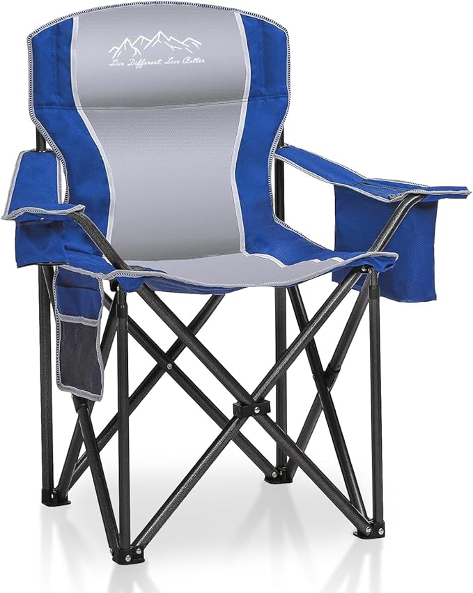 SAILARY Folding Camping Chair Portable Outdoor Heavy Duty Padded Chairs Lawn Chair with Cup Holder, Storage Pocket and Cooler Bag, Supports 450LBS Blue