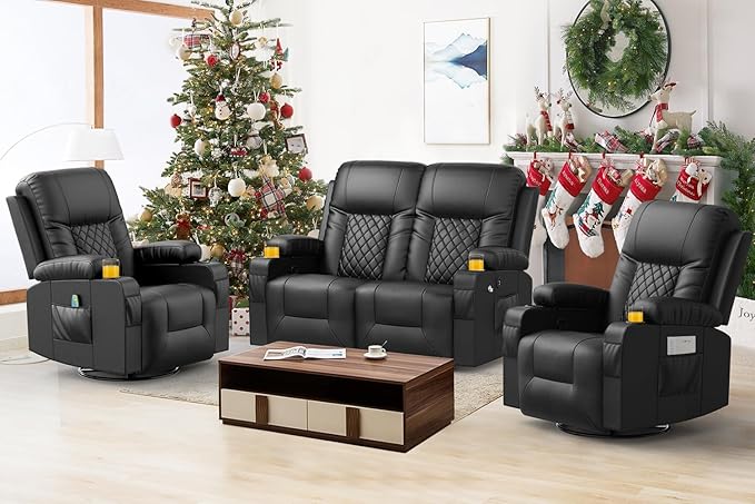 FURNIMAT Loveseat Recliner Sofa Set with 2+1+1 Pieces, 2 Seater Reclining Loveseat Couch with USB Ports, Cell Phone Holders, 2 Recliner Chairs with Vibration Massage and Heat, Living Room, Bedroom, RV