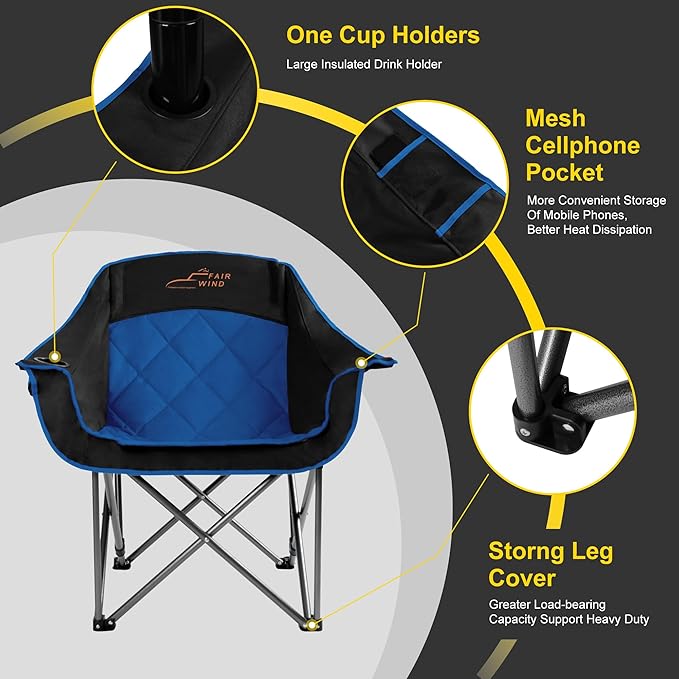FAIR WIND Oversized Padded Camping Chair Heavy Duty Quad Fold Arm Chair Portable for Outdoor - Support 450LBS, Blue