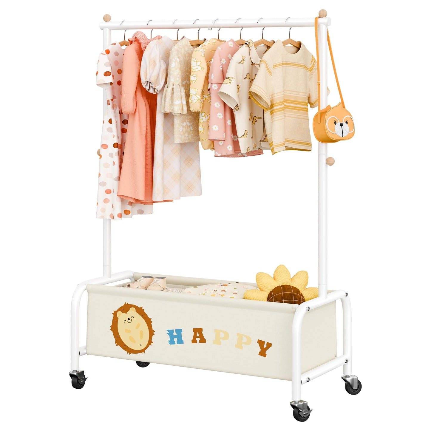 GRANNY SAYS Kids Clothing Rack with Basket, Baby Closet Dress Up Storage, Kids Closet Wardrobe, Short Baby Clothes Rack, Toddler Garment Rack for Coats, Dress Up Costumes, Princess Dresses, Beige