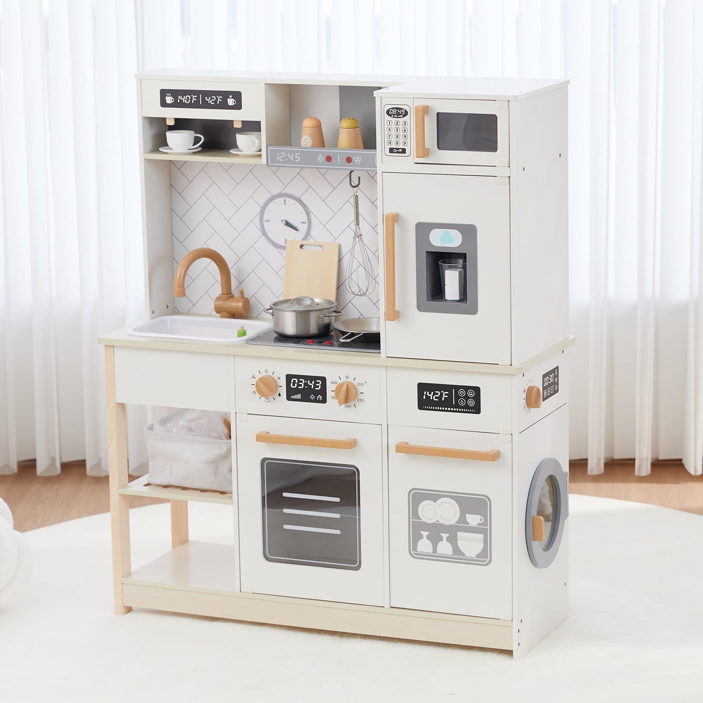 Freniland Wooden Play Kitchen Kids Kitchen Playset with Real Light & Sound Realistic Ice Maker Stove Oven Chef Pretend Toy Kitchen Include 31 Accessories Kids Toy Gift for Child Ages 3+ Toy Furniture