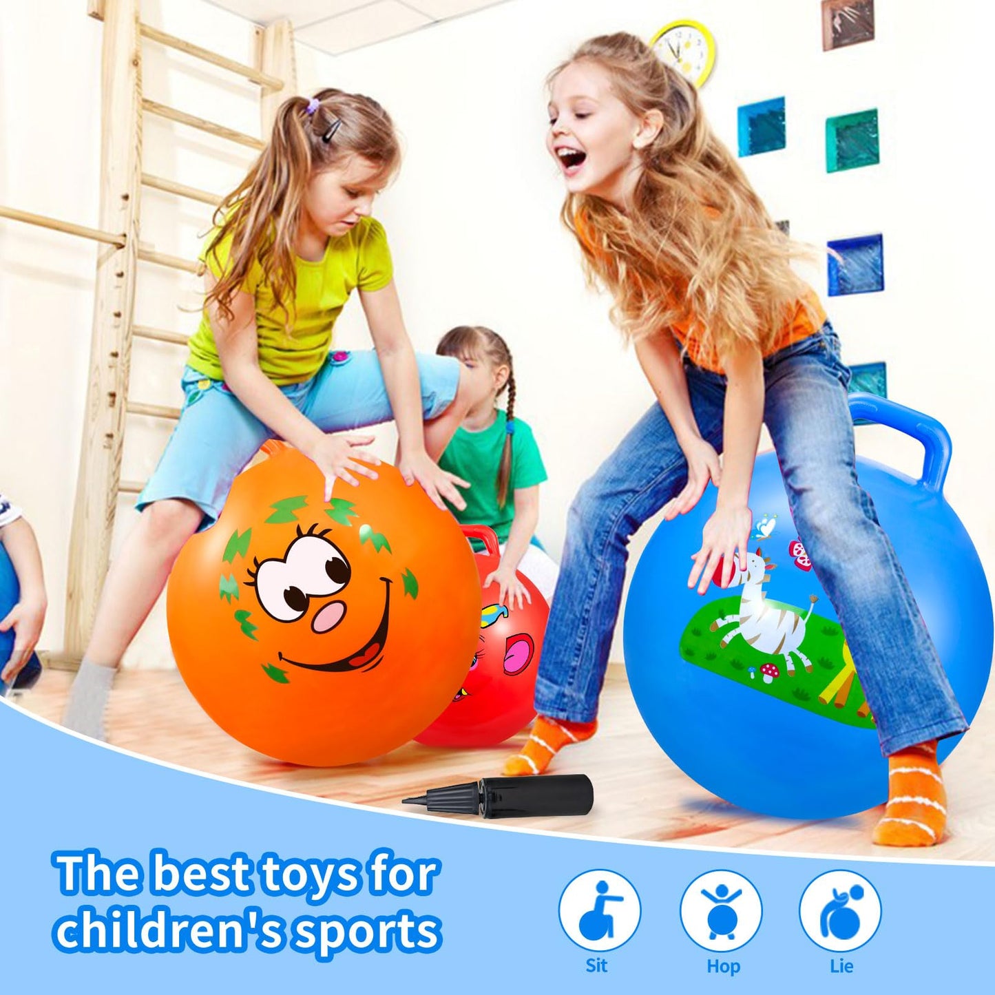 Bouncy Balls with Handle for Kids, Ride On Toys Balls for Kids 3 4-8, 3 Pack Hopper Ball 18 Inch Size with Air Pump for Kids Jumping Sports Ride Games Balance Exercise Indoor Outdoor Fun