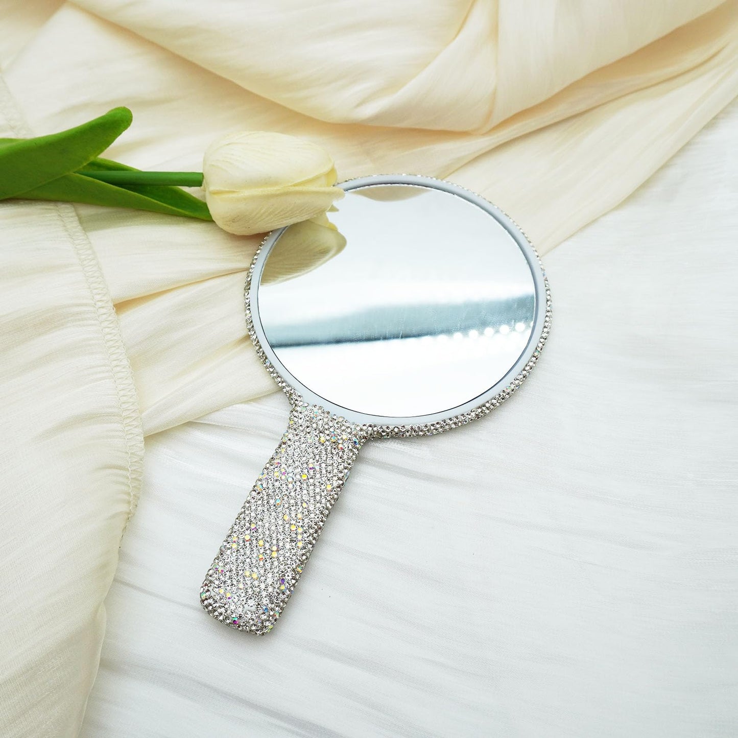 Frinnovan Large Rhinestone Handheld Mirror Bling Glitter Cosmetic Dazzling Portable Hand Mirrors with Handle for Women Wedding S