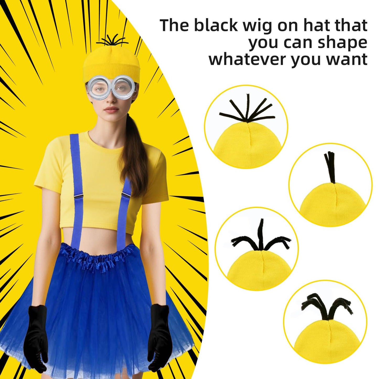 Tiny Chou 5 Pcs Halloween Costume Accessories Set Adult, Goggles Glasses, Yellow Beanie Knitted Hat, Black Gloves, Skirt and Suspenders for Men Women Cosplay Party Halloween Dress Up