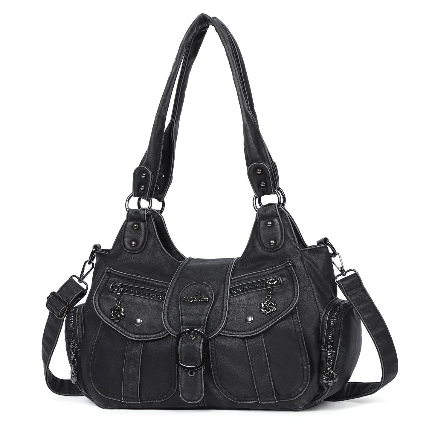 Angel Kiss Hobo Bags for Women Vegan Leather Shoulder Purses and Handbags Ladies Roomy Tote Bags Purse with Crossbody Strap,Black