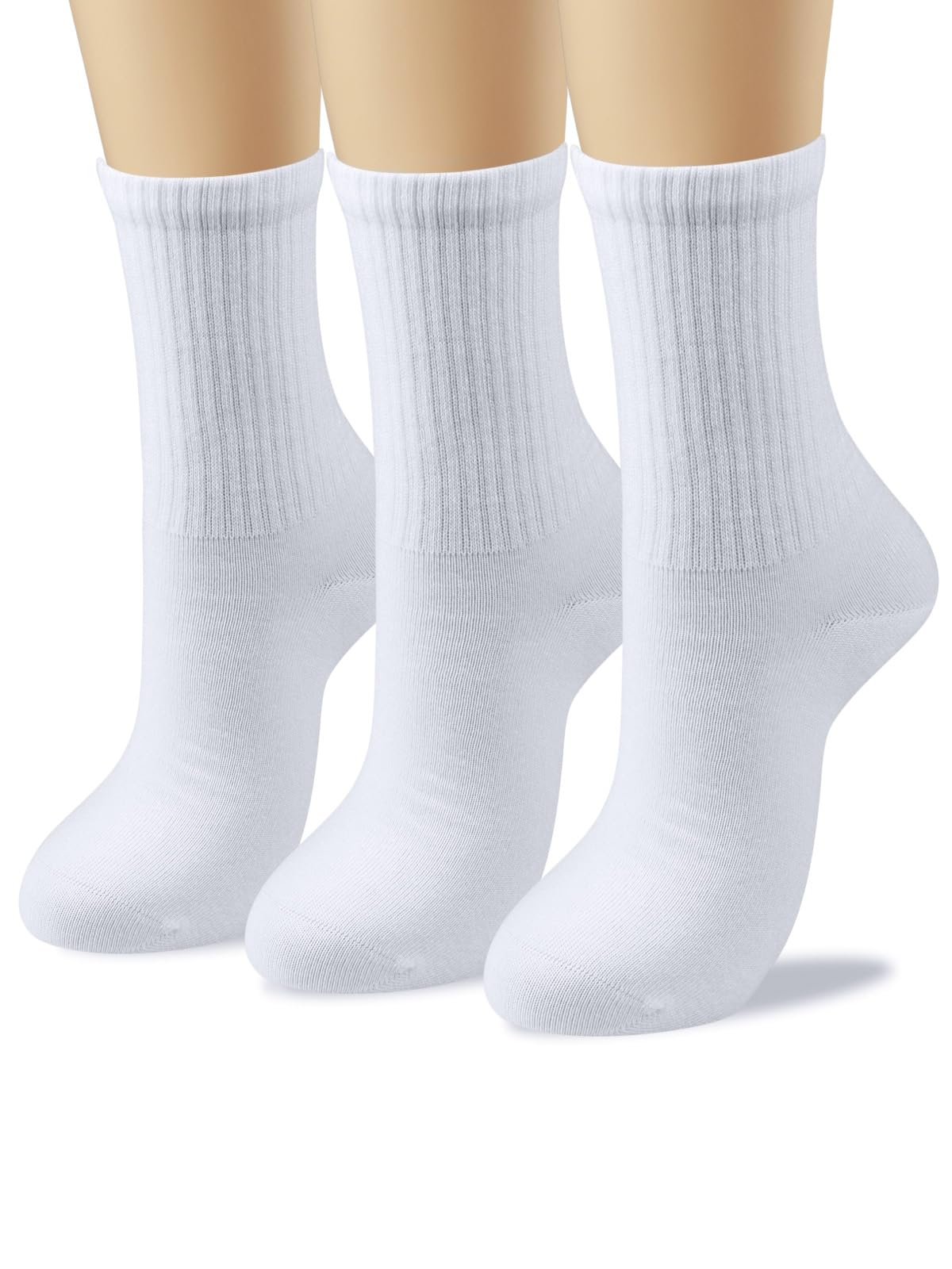 COTTON DAY Womens Soft Combed Cotton Crew Socks All White Half Ribbed Shoe Size 6-9