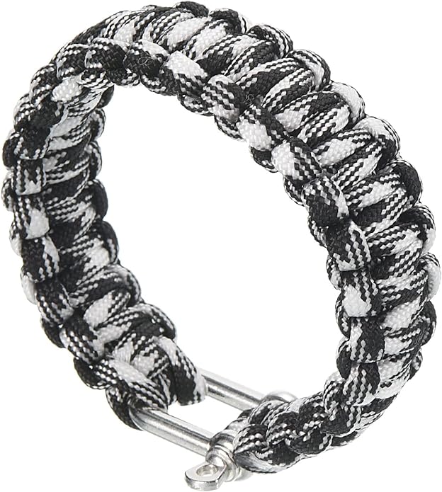 Survival Paracord Bracelets, Plaited Parachute Bracelet Party Favors Camping Gifts Outdoor Wraps for Men, White, Black