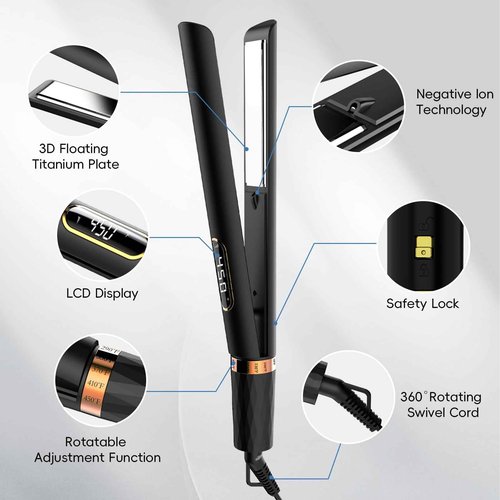 Nicebay 1” Titanium Flat Iron, Fast Heating Hair Straightener & Curler,with 5 Temp Settings, Negative Ion Technology,Travel-Friendly, Smooth Salon Design