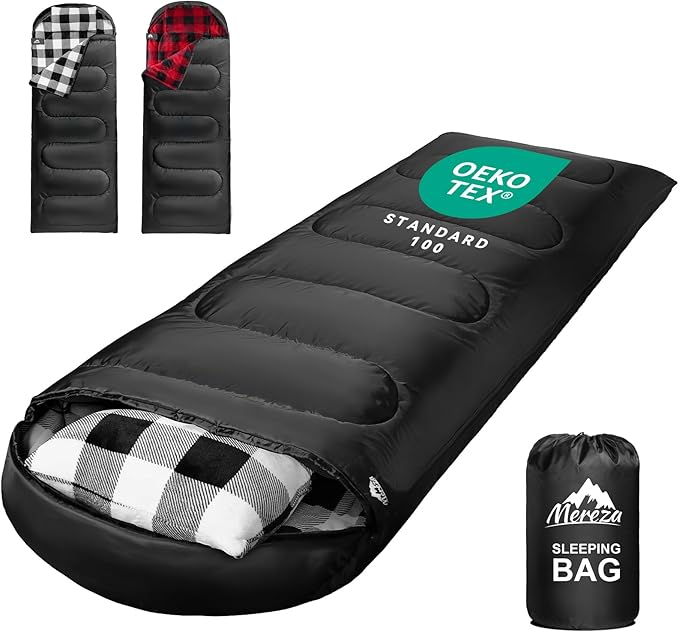 MEREZA Flannel Sleeping Bag for Adults Mens with Pillow, XL Cold Weather Sleeping Bag for 30 Degree 4 Season Camping Large...