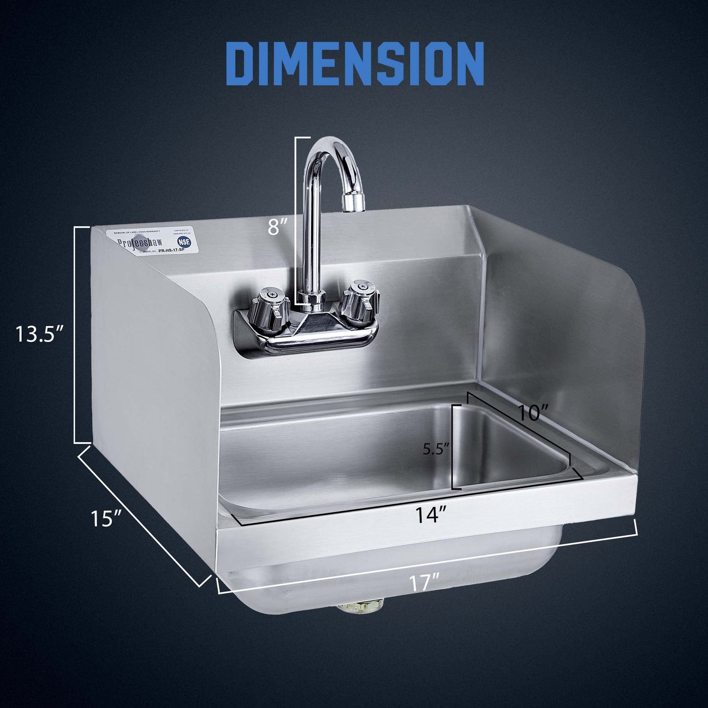 Profeeshaw Stainless Steel Sink Commercial Wall Mount Hand Washing Basin NSF Certified, with Gooseneck Faucet and Side Splash Guard, for Restaurants, Stores, Bars and Home, 17" x 15" …