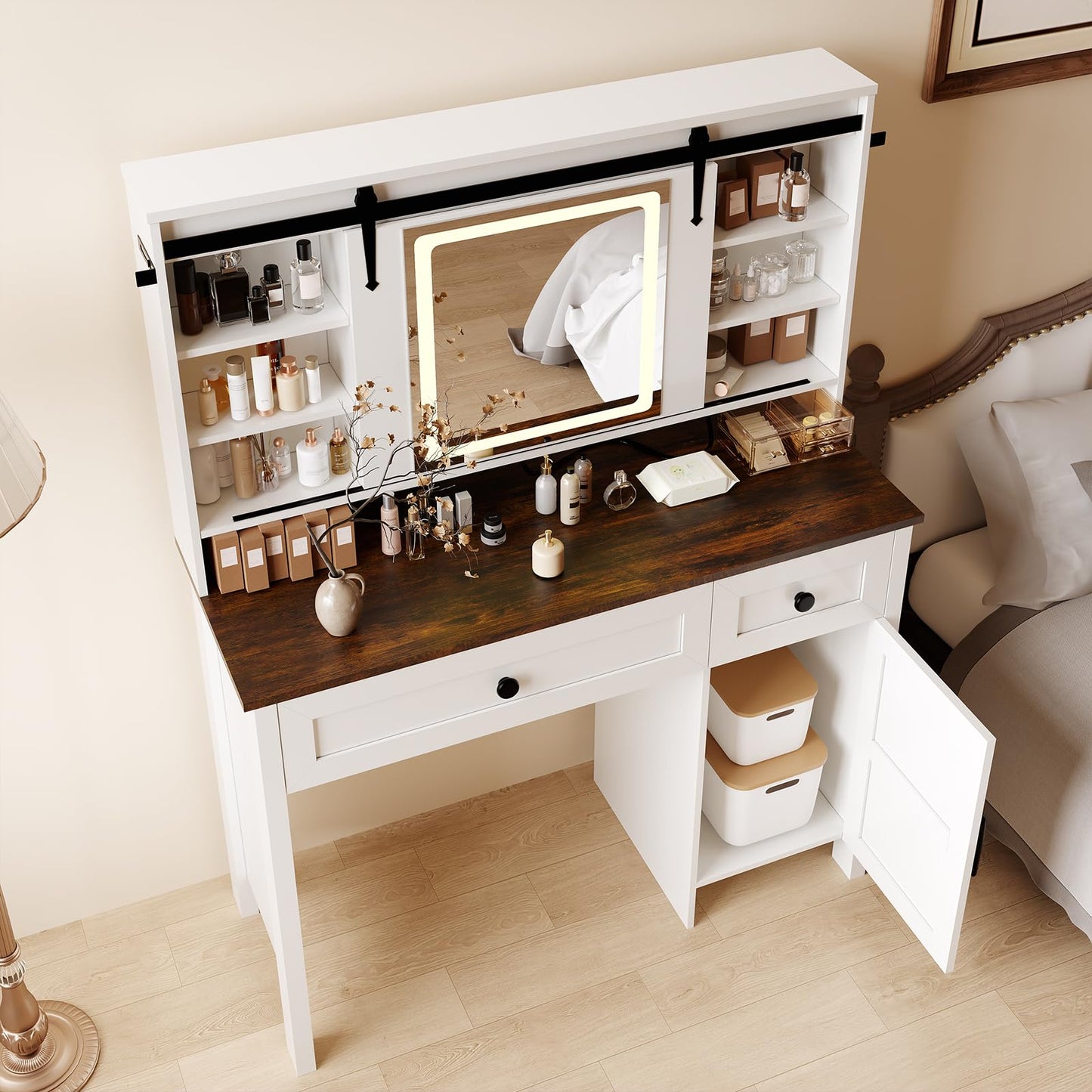 Garvee Vanity Desk with LED Lighted Mirror & Power Outlet, Makeup Table with 3 Drawers, Cabinet & Storage Stool, Dressing Table with Shelves for Bedroom, White