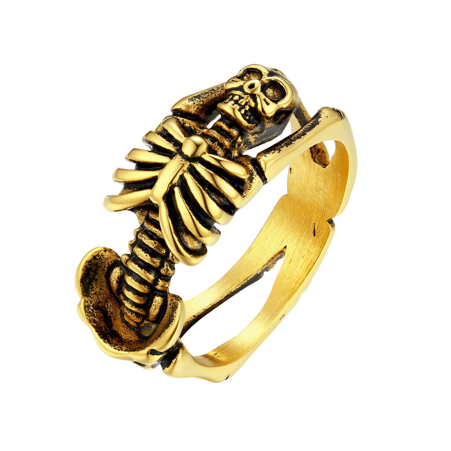 U7 Skeleton Rings 18k Gold Plated Halloween Costume Jewelry Gothic Punk Skull Ring Biker Size 12
