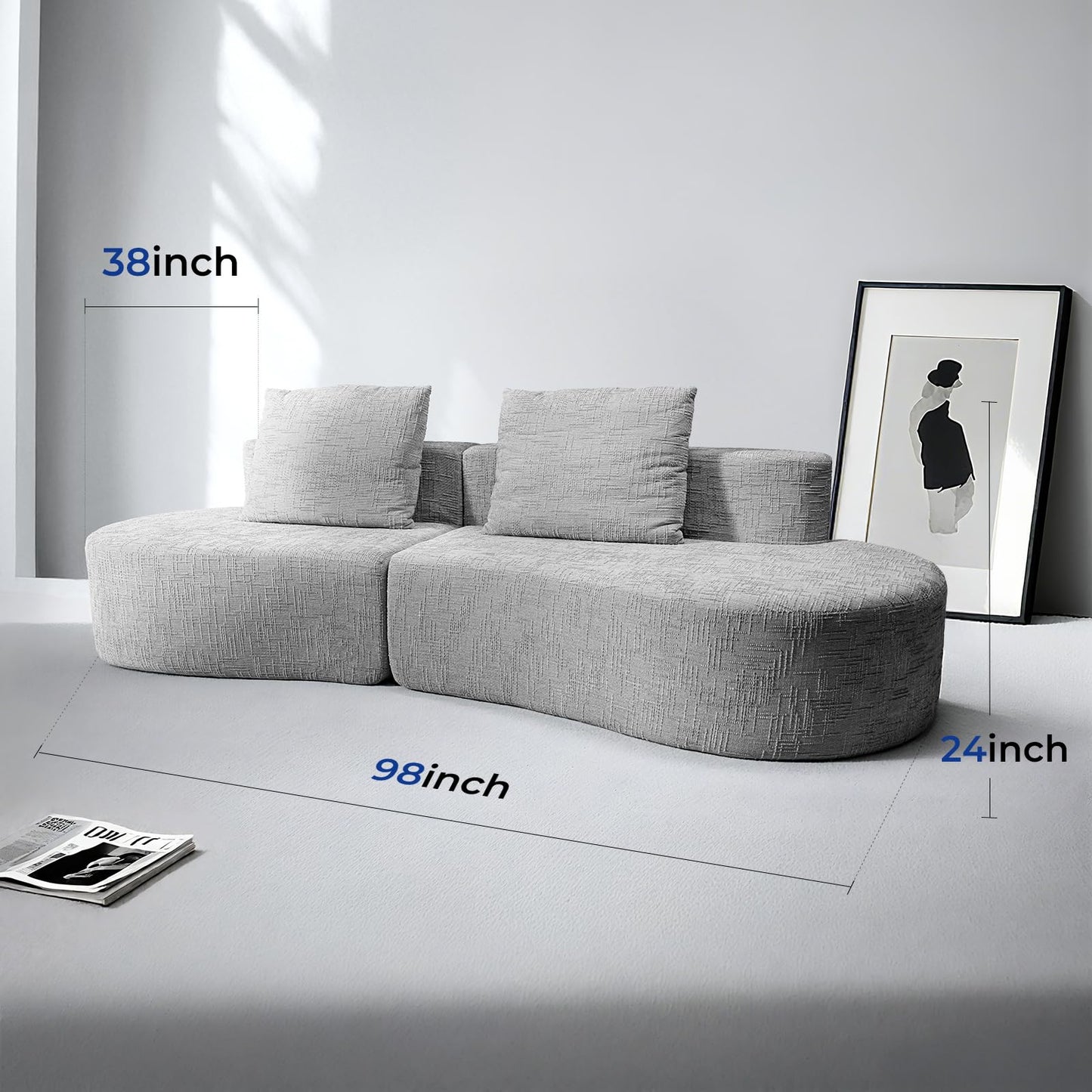 HOMRELEXA 98" Curved Sofa with Half Moon Design, Sofa Bed with 2 Throw Pillows & 4 Seaters for Living Room, Office & Apartment,No Assembly Needed(Light Grey)