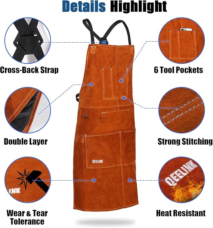 QeeLink Leather Welding Work Apron with 6 Tool Pockets, Heat & Flame Resistant Welder Aprons, 24" x 36", Adjustable M to XXXL