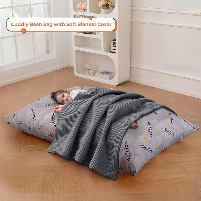 MAXYOYO 3 in 1 Kids Bean Bag Chair Bed, Convertible Chair Folds from Bean Bag to Lounger, Child Floor Sofa for Gaming, Reading, Floor Mattress with High-Density Foam Filling