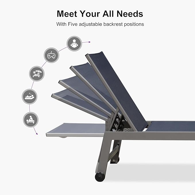 PURPLE LEAF Outdoor Chaise Lounge Set for 2 Oversized Pool Lounge Chairs with Easy-to-Move Wheels and Adjustable Backrest Extra Large Patio Loungers for Poolside Deck Beach Table Included, Navy Blue