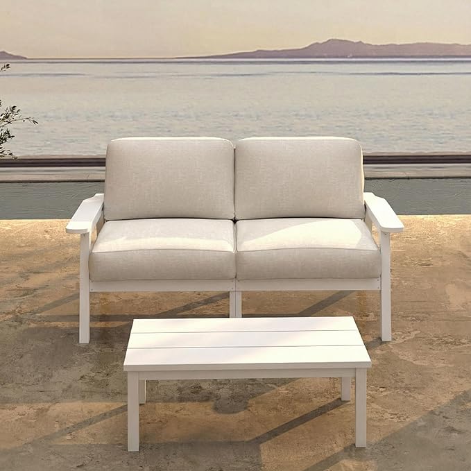 Patio Kingdom Patio Furniture Set 2 Seats, HDPE Outdoor Sectional with Beige Washable Thick Cushions, Coffee Table, Patio Conversation Sets for Lawn, Garden, Porch, Balcony, Deck (White Frame)