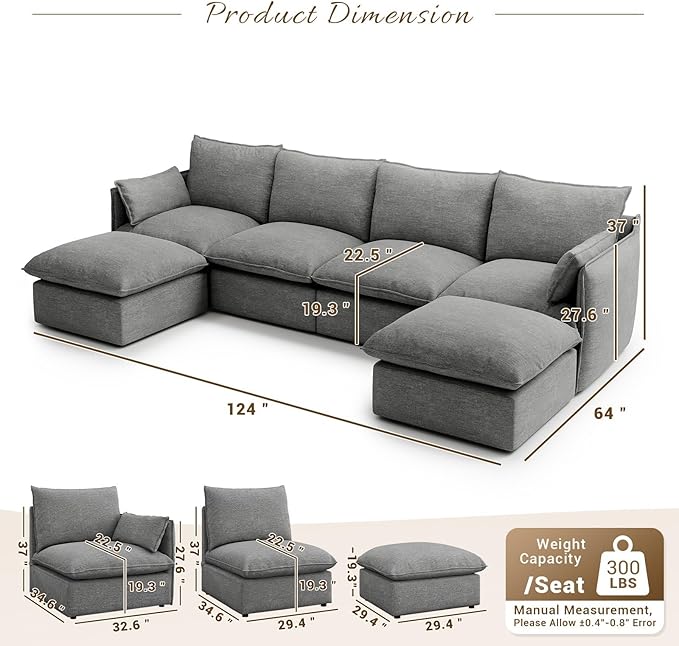 Forest aesthetics 124" L Shape Cloud Modular Sectional,4 Seater with Chaise Waterproof High Backrest Sectional Sofas,Down Filled Modular Couch with Removable Washable Cover for Living Room,Dark Gray