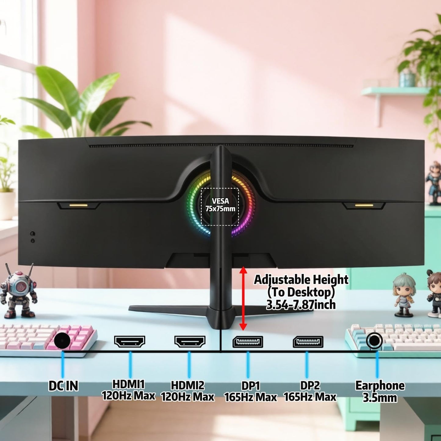 ZZA 49 Curved Gaming Monitor | DQHD(5120 * 1440), 144Hz/165Hz, 1500R, 32:9, AMD FreeSync, 120% sRGB, Height Adjustable Ultra-Wide Screen Monitors, HDMI 2.1 & DP 1.4, Wall Mount Install 75x75mm- Black