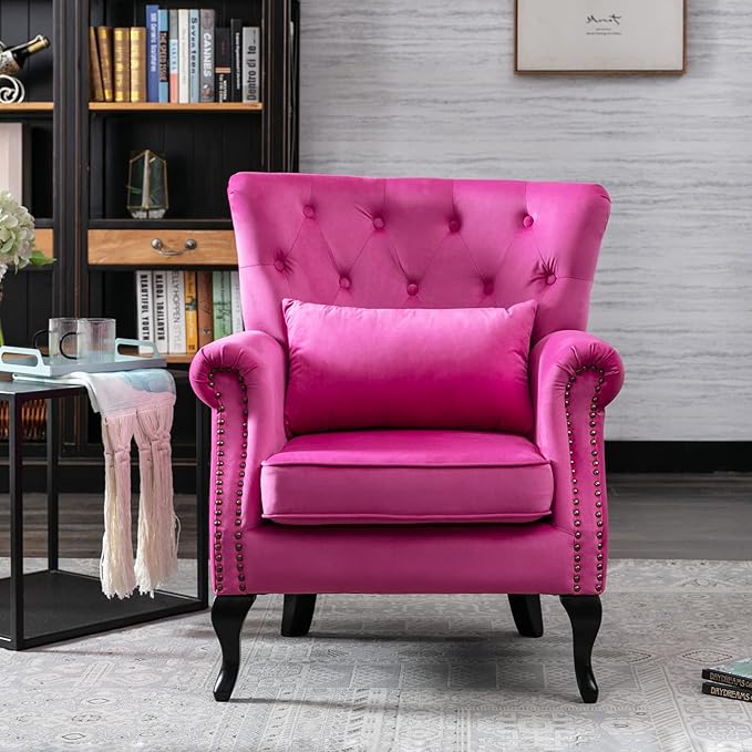 chairus Mid-Century Modern Accent Chairs Set of 2, Comfy Tufted Single Sofa Chair Wingback Armchair with Pillow for Club, Living Room, Bedroom - Velvet, Rose