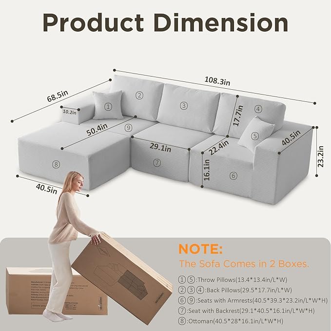 INGEROOM 108" Cloud Sectional Couch with Chaise, Modular L-Shaped Sofa, Deep Seat Comfy Corduroy Memory Foam Couch for Apartments, Dorms or Small Space, No Assembly Required, Gray