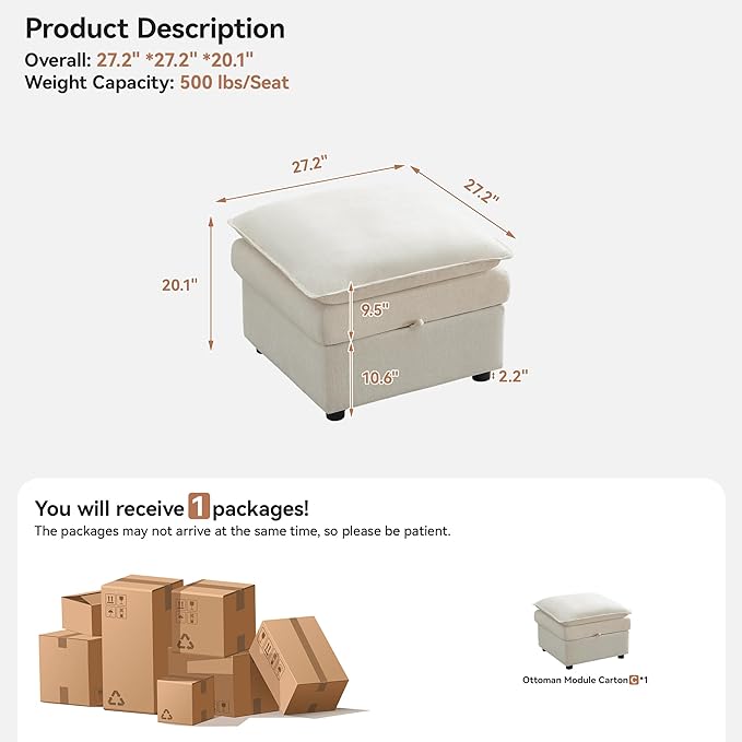 Abbrevi 27" Large Square Ottoman with Storage, Modern Upholstered Footrest with Anti-Slip Legs for Couch Coffee Table Living Room, Bedroom, Entryway, Chenille Beige
