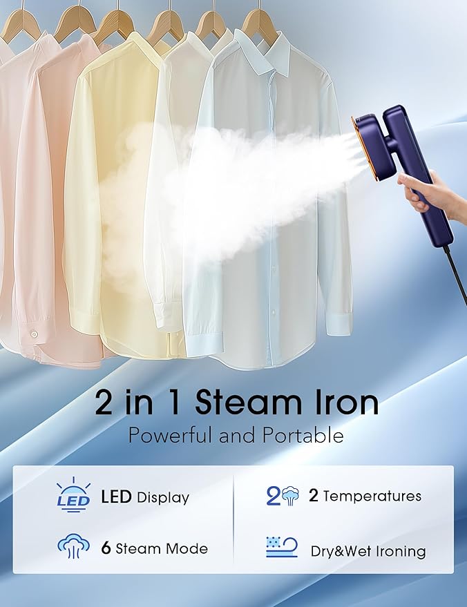 Travel Steamer for Clothes,110-240V Portable Iron,15s Heat Up,Steamer ＆ Iron 2 In 1 Handheld Garment Steamer Irons, Travel Size,Large Ceramic Heat Panel,for Global and Europe