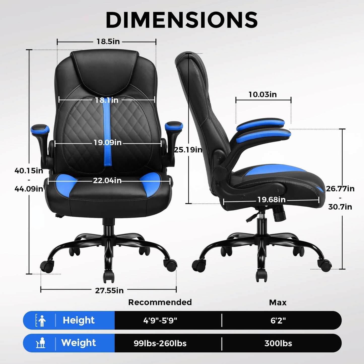 COMHOMA Office Computer Gaming Chair Ergonomic Desk Chair for Adults with Lumbar Support Flip-Up Arms Adjustable Height Swivel Wheels PU Leather Executive Design for Short People Use, Blue