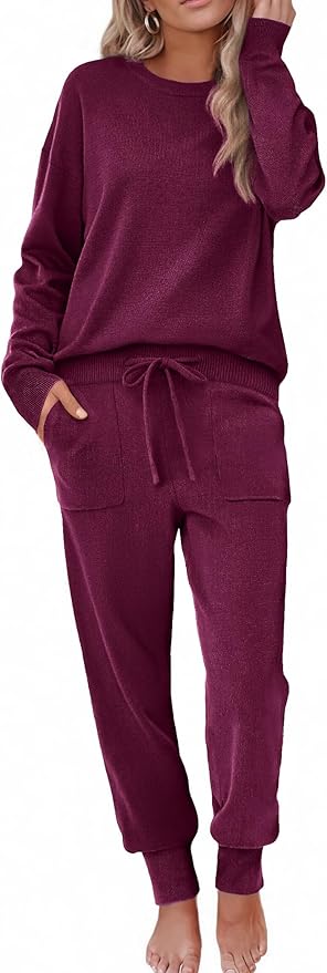 Ekouaer Women's 2 Piece Lounge Set Long Sleeve Knit Pajamas Sweatsuit Jogger Pant Outfits With Pockets S-XXL