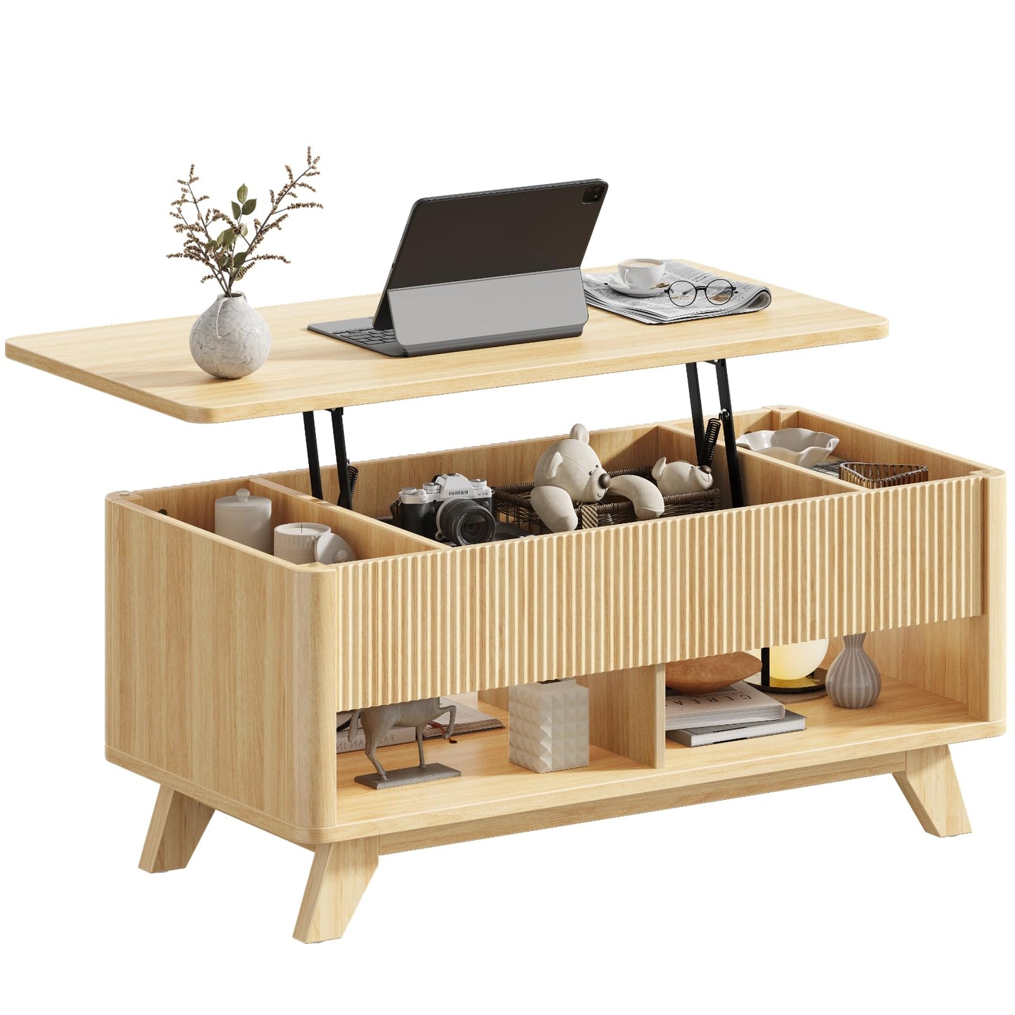 ONBRILL Farmhouse Lift Top Coffee Table, Mid Century Modern Coffee Table with Hidden Storage Compartment, Fluted Rising Pull up Wood Modern Center for Living Room, Office, Natural Oak