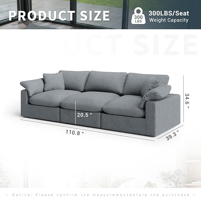 Intuition Decor Modular Sectional Sofa Cloud Couch,Down Filled Comfy Cloud Modern Sofa,3 Seater Oversized Couch Cushion Covers Removable for Living Room,Light Blue