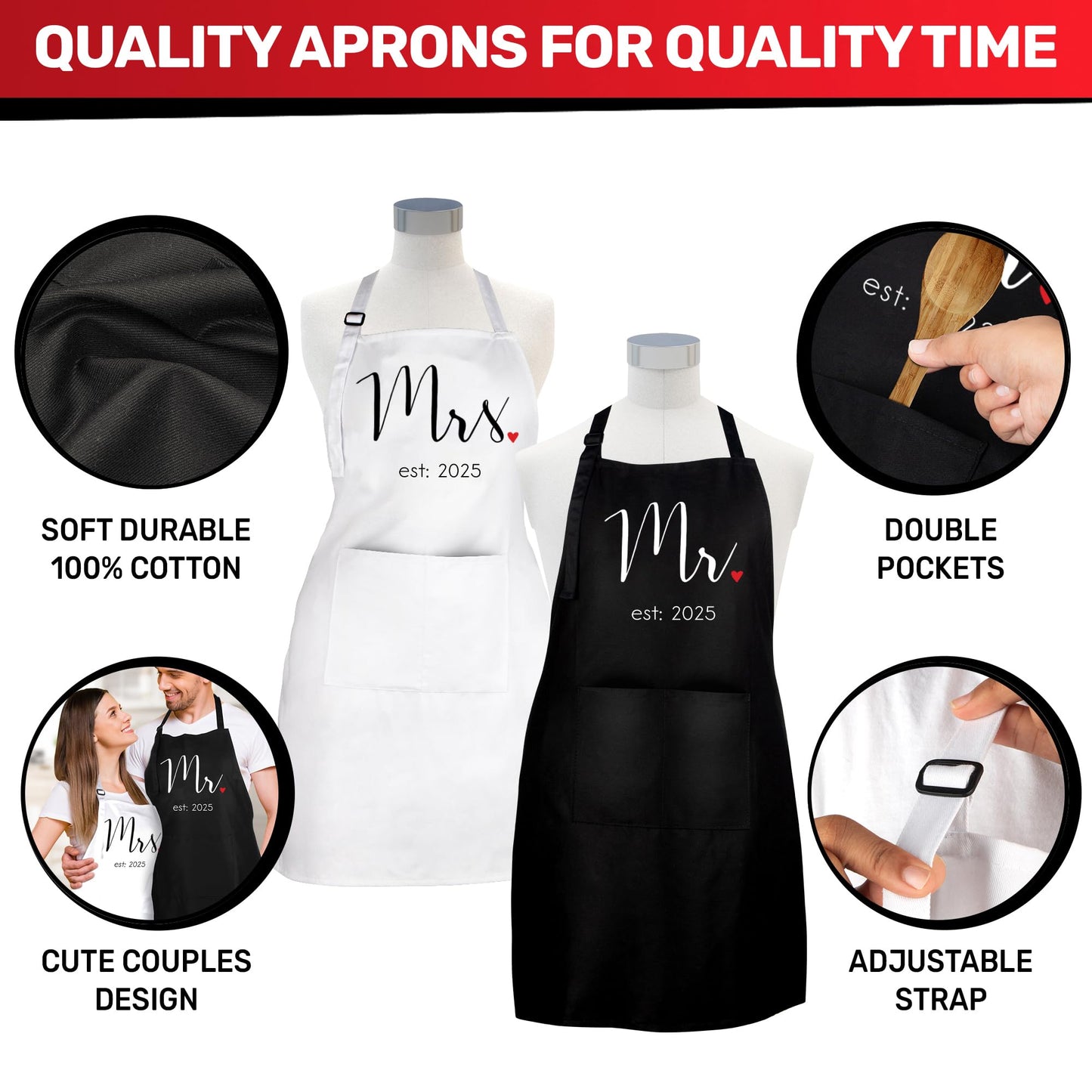 Prazoli Products Mr Mrs Apron Set - Engagement Gifts, Wedding & Bridal Shower Gifts for Couple (Mr. & Mrs. Est: 2025, Standard)