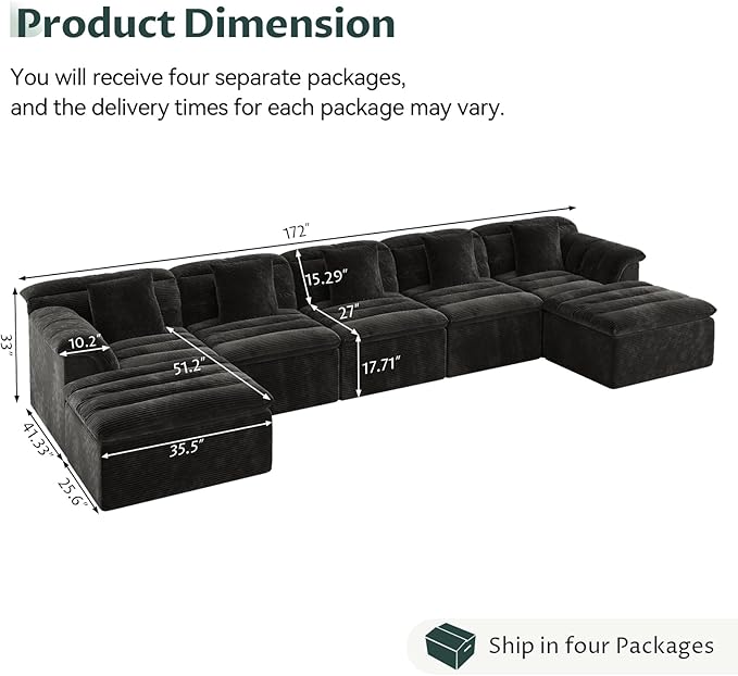 SUNG7 172" Modular Sofa with Ottoman, Boneless Cloud Couch with Deep Seat, Comfy U-Shape Corduroy Couches for Living Room, No Assembly Required, Black
