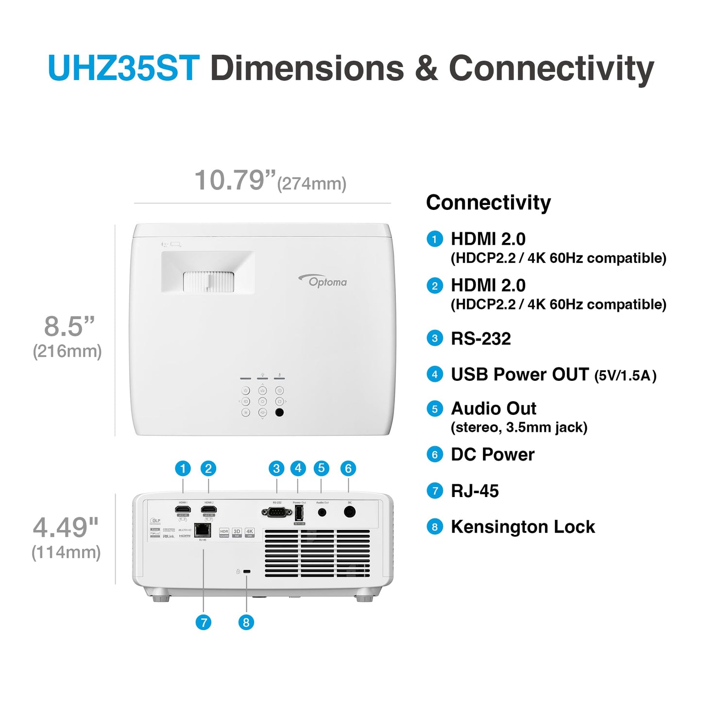 Optoma UHZ35ST 3500-Lumen UHD 4K Short-Throw Laser Projector - White