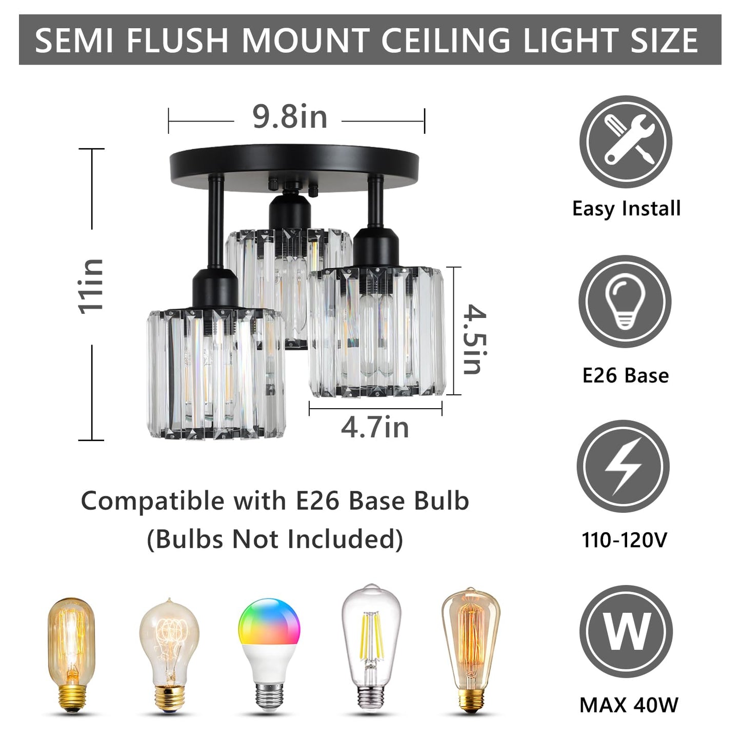 PAUFUL Crystal Semi Flush Mount Ceiling Light,3-Light Modern Close to Ceiling Light Fixtures,Black Kitchen Light Fixtures with Clear Crystal Shade,Hallway Light Fixtures for Hallway Bedroom Bathroom