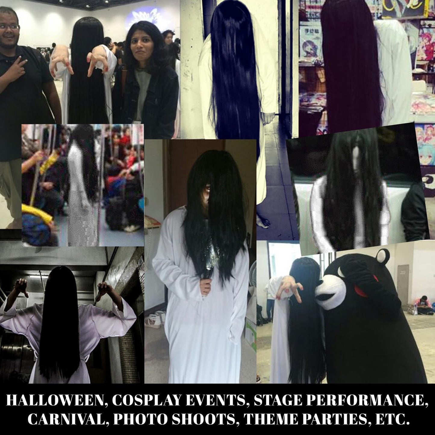 DECEED 2 PCS Halloween Ghost Costume for Adult, White Robe Black Wig Set, The Ring Samara Cosplay Costume Dress Up Party Outfit (L)