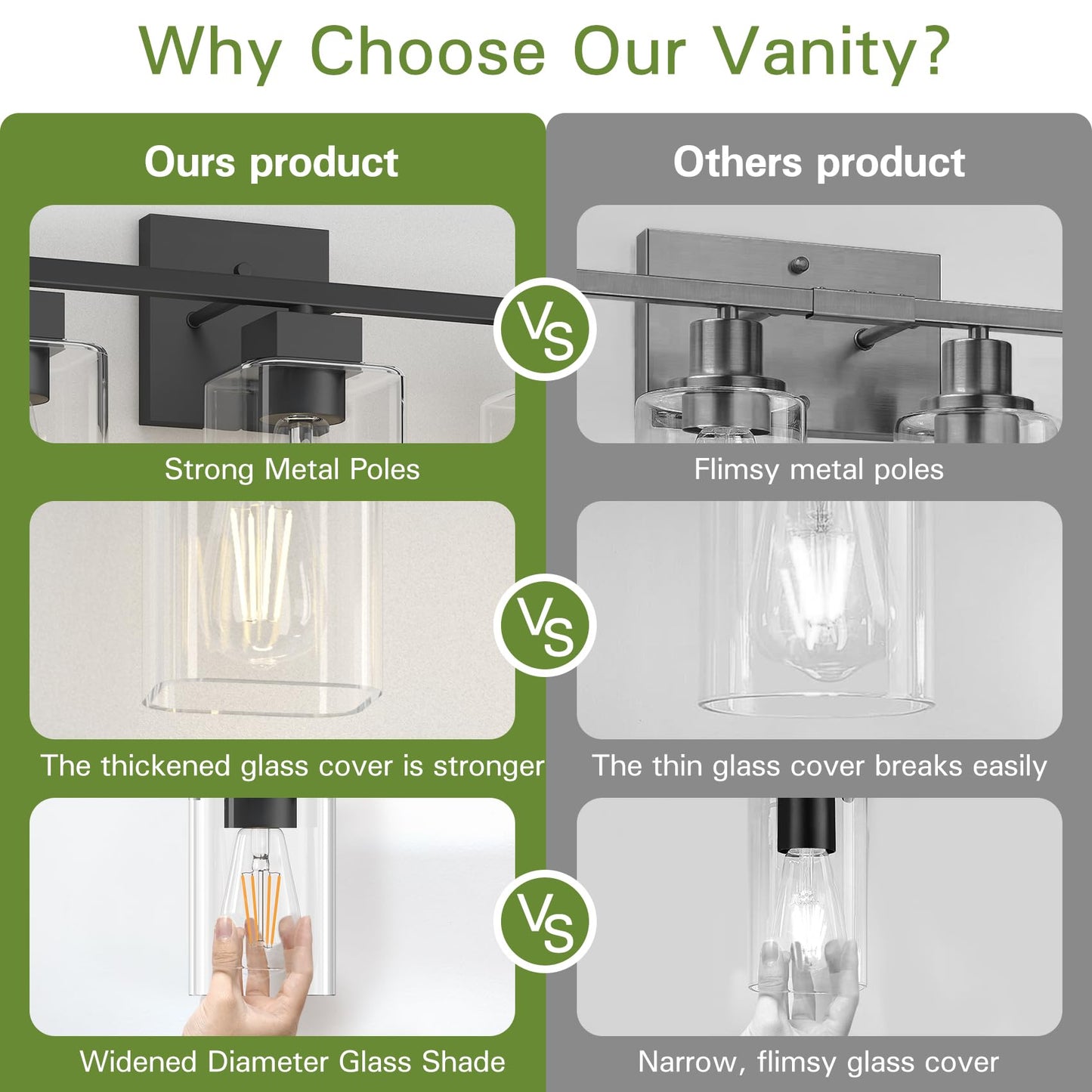 Espird Matte Black Bathroom Vanity Light, 3-Light Vanity Lighting fixtures Over Mirror, Square Design & UL Certification, Wall Sconces with Clear Glass Shades, E26 Socket (Bulbs Not Included)