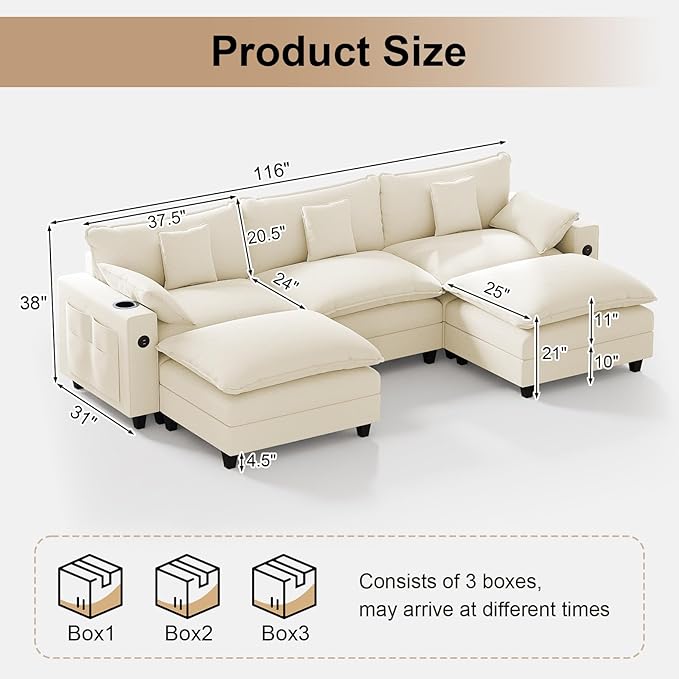 KCGKCG 116" Modular Sectional Sofa, U Shaped Cloud Couch with Movable Ottoman, Chenille Deep Seat Cloud Sofa with Charging Station, Cup Holder, Side Pocket, Sectional Couches for Living Room, Beige