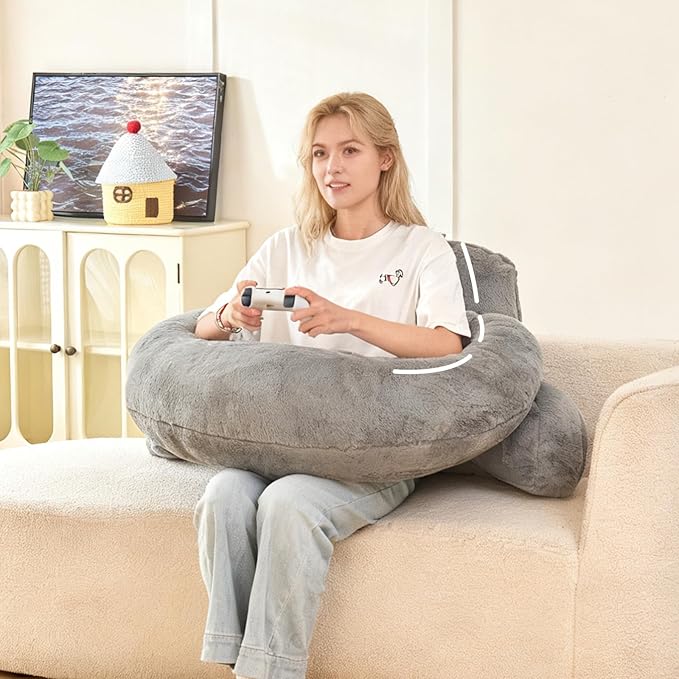 PAJEO Reading Pillow for Bed,U Shaped & Back Support Pillow for Bed,17" Backrest with Lumbar & Arm Support,Luxurious Faux Rabbit Fur,Gaming PillowFor Crochet/Reading/Watching TV,Gray