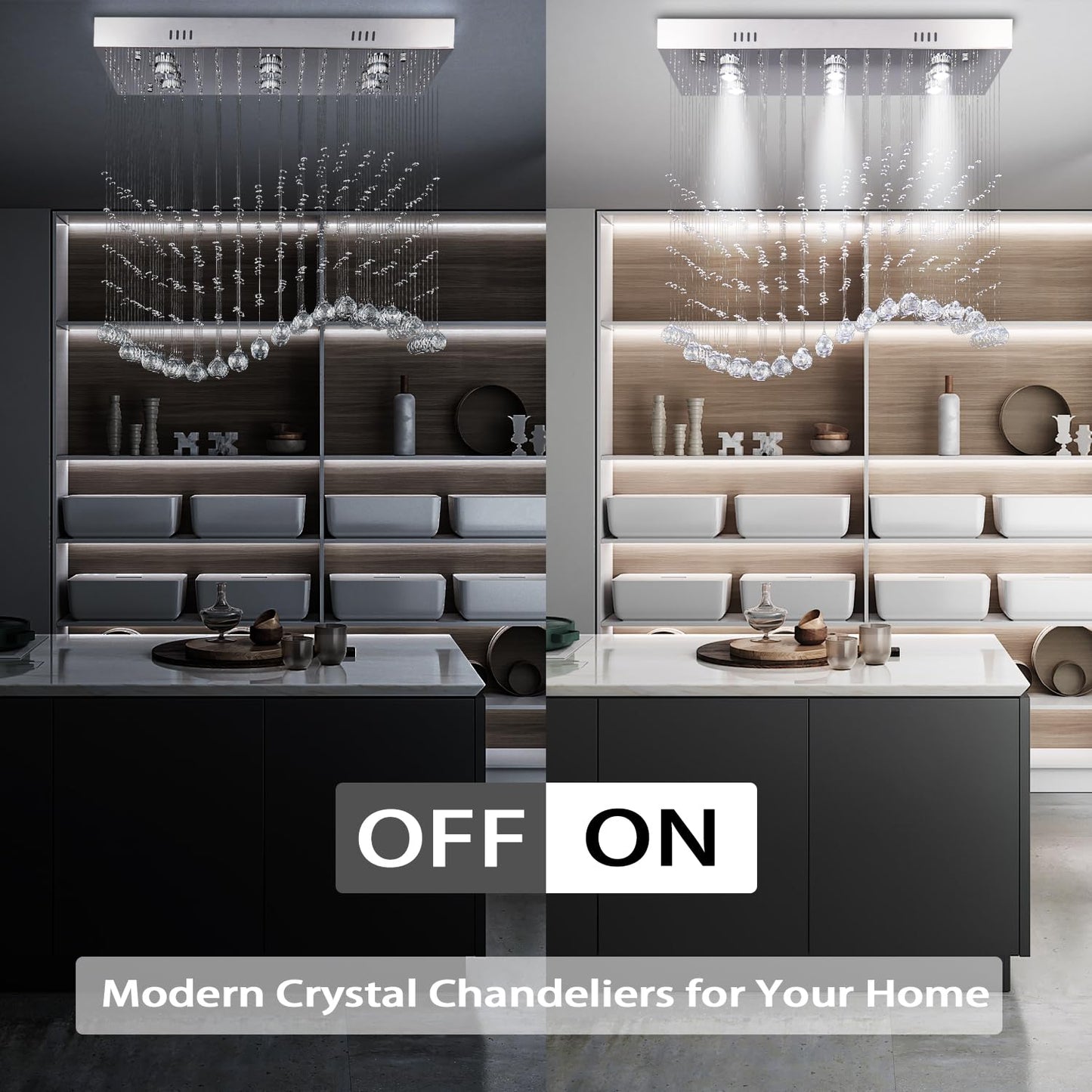 Finktonglan Linear Crystal Chandelier for Kitchen Island, 31.5'' Rectangular K9 Crystal Island Chandelier, 6-Light GU10 Height Adjustable Modern Dining Room Ceiling Light