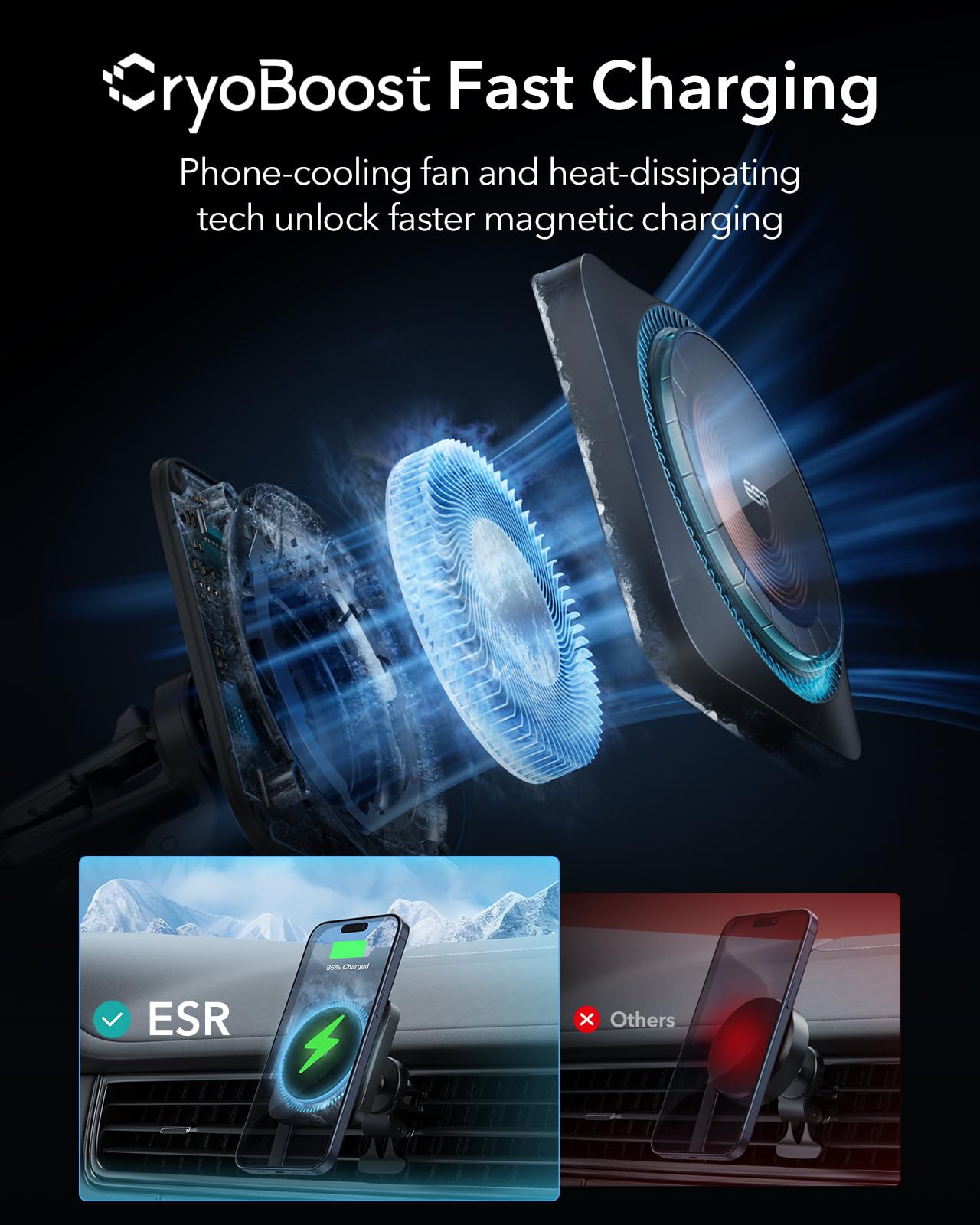 Esr For Magsafe Car Mount Charger With Cryoboost, Phone Cooling Magsafe Car Charger, Magnetic Wireless Car Charging, Air Vent/Da
