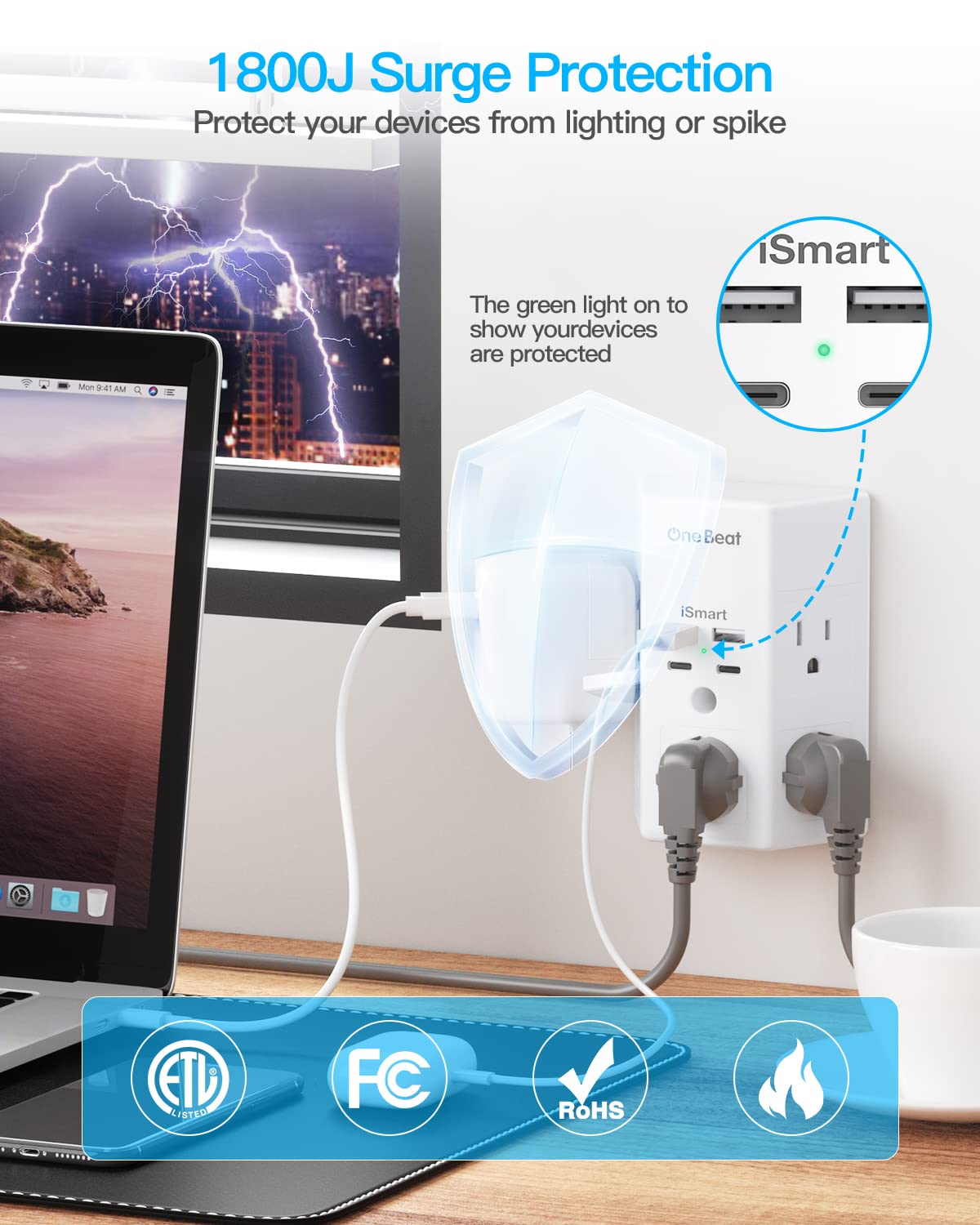 Multi Plug Outlet, Surge Protector, 5 Outlet Extender with 4 USB Charging Ports (2 USB C), USB C Wall Charger, 3-Sided 1800J Power Strip Outlets Splitter Wall Plug Adapter Spaced for Dorm Home Office