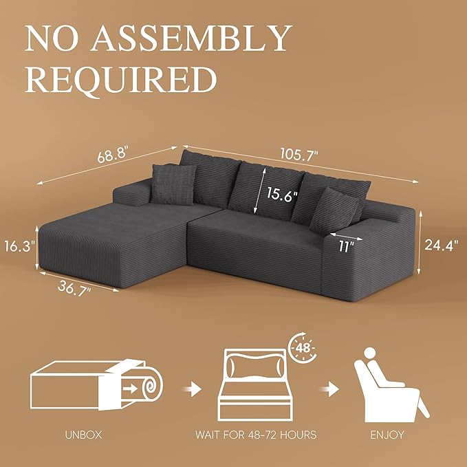 NAYA 106” Modular Sectional Sofa, Cloud Sectional Couch with Deep Seat, Modern Modular L-Shape Sofa Boneless Couch with Chaise for Living Room Bedroom (Grey, Sectional Sofa with Left Facing Chaise)