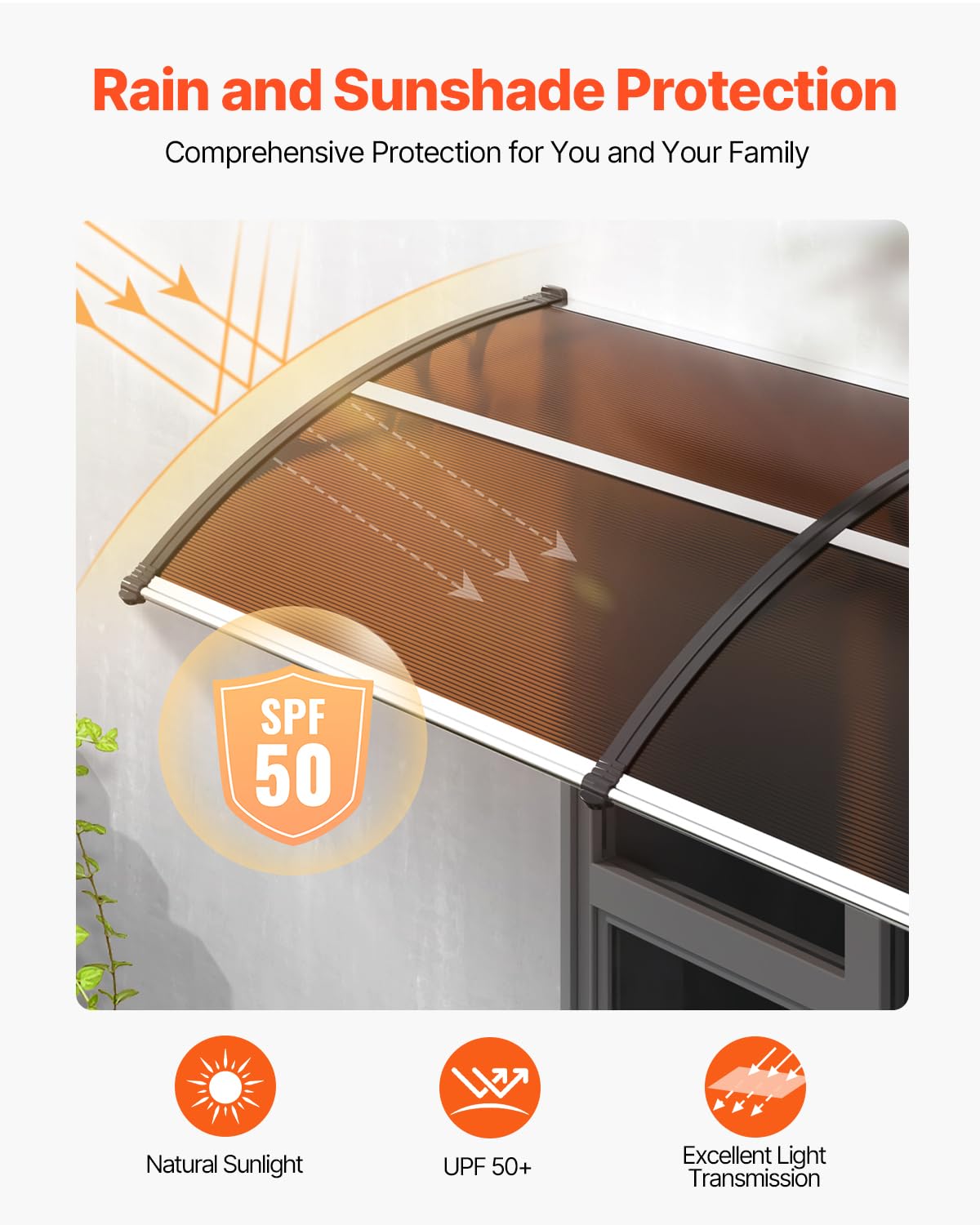VEVOR Window Door Awning Canopy 78" x 38", UPF 50+ Polycarbonate Entry Door Outdoor Window Awning Exterior, Front Door Overhang Awning for Sun Shutter, UV, Rain, Snow Protection, Hollow Sheet
