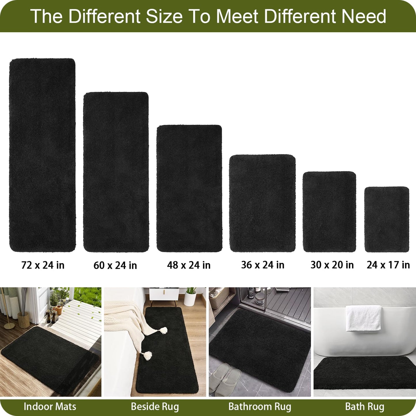 AROGAN Luxury Long Bathroom Runner Rug, 24x60 Inch Thick Soft and Absorbent Microfiber Non Slip Bath Mat, Rubber Backing Quick Dry Rugs Carpets, Machine Washable Plush Mats for Shower Floor, Black