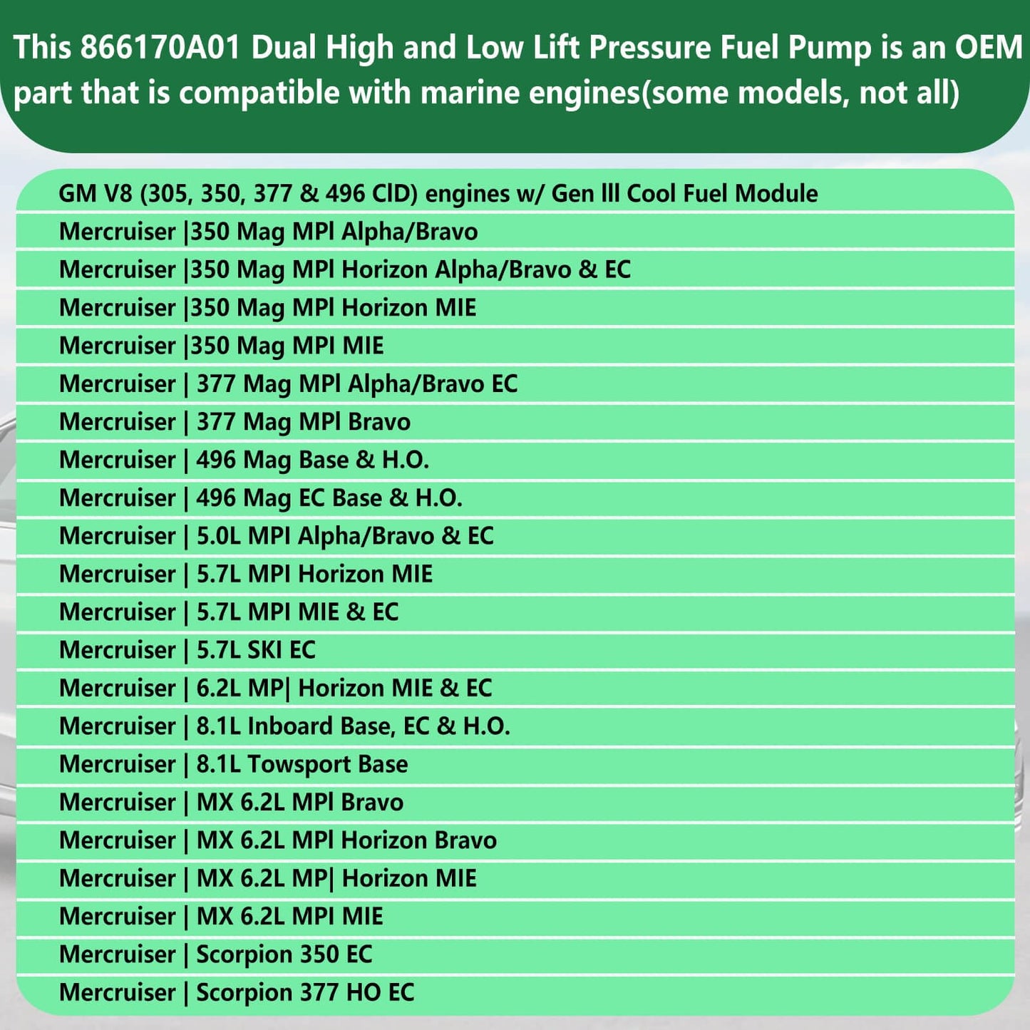 Dual High and Low Lift Pressure Fuel Pump – Replaces 866170A01, 866169T01 – Compatible with Mercury Mercruiser 305, 350, 377, 496 (5.0L, 5.7L, 6.2L, 8.1L) Marine Engines 1984-2020